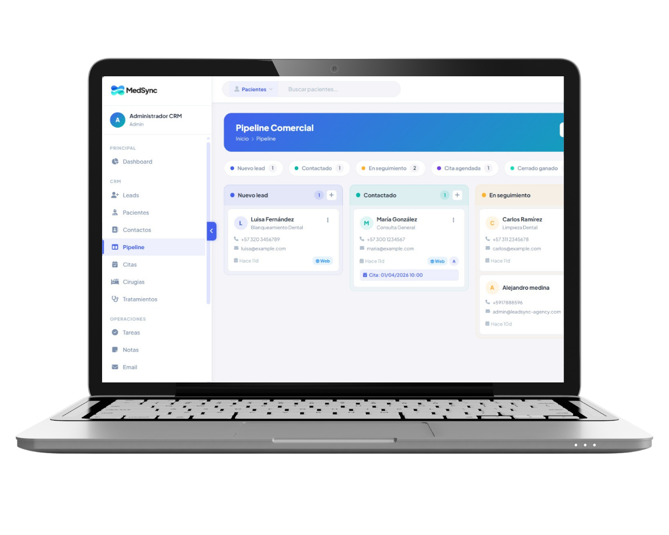 Pipeline comercial de MedSync para seguimiento de pacientes y leads
